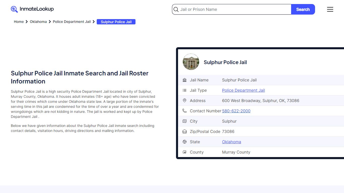 Sulphur Police Jail (OK) Inmate Search Oklahoma - Inmate Lookup